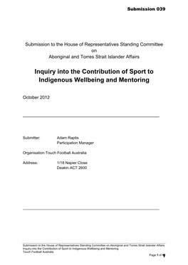 Inquiry Into the Contribution of Sport to Indigenous Wellbeing and Mentoring