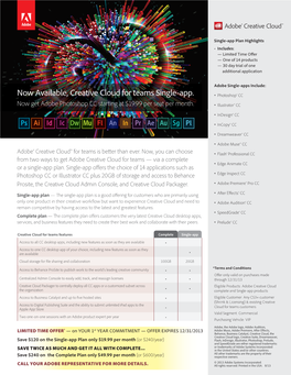 Now Available, Creative Cloud for Teams Single-App. • Photoshop® CC