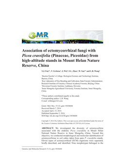 Association of Ectomycorrhizal Fungi with Picea Crassifolia (Pinaceae, Piceoidae) from High-Altitude Stands in Mount Helan Nature Reserve, China