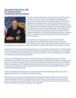 Vice Admiral Sean Buck, USN 63Rd Superintendent United States Naval Academy