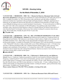 VATJSS – Housing Listing for the Week of November, 5, 2018