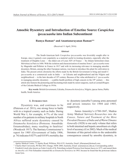 Amoebic Dysentery and Introduction of Emetine Source Carapichea Ipecacuanha Into Indian Subcontinent