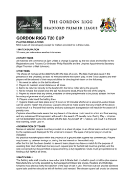 GORDON RIGG T20 CUP PLAYING REGULATIONS MCC Laws of Cricket Apply Except for Matters Provided for in These Rules