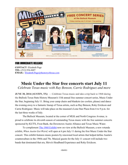 Music Under the Star Free Concerts Start July 11 Celebrate Texas Music with Ray Benson, Carrie Rodriguez and More