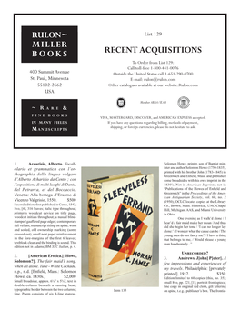 RECENT ACQUISITIONS BOOKS to Order from List 129: Call Toll-Free 1-800-441-0076 400 Summit Avenue Outside the United States Call 1-651-290-0700 St