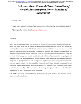 Isolation, Detection and Characterization of Aerobic Bacteria from Honey Samples Of