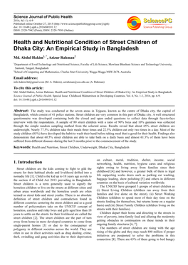 Health and Nutritional Condition of Street Children of Dhaka City: an Empirical Study in Bangladesh