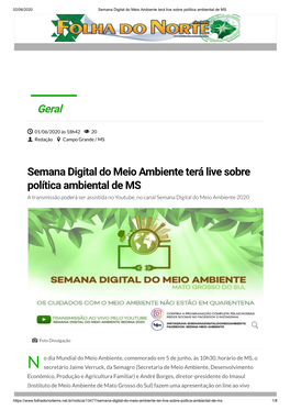 Semana Digital Do Meio Ambiente Terá Live Sobre Política Ambiental De MS