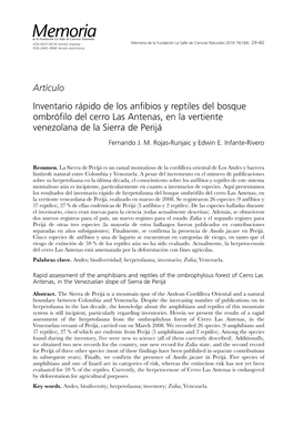 Inventario Rápido De Los Anfibios Y Reptiles Del Bosque Ombrófilo Del Cerro Las Antenas, En La Vertiente Venezolana De La Sierra De Perijá