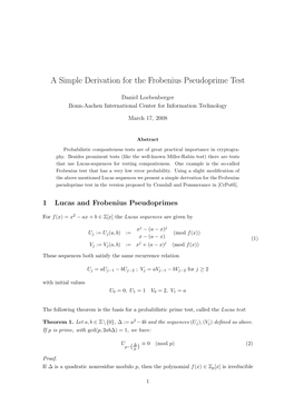 A Simple Derivation for the Frobenius Pseudoprime Test