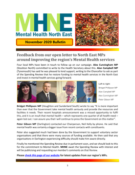 Feedback from Our Open Letter to North East Mps Around Improving the Region’S Mental Health Services Four Local Mps Have Been in Touch to Follow up on Our Campaign