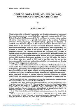 George Owen Rees, Md, Frs (1813-89): Pioneer of Medical Chemistry