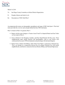 March 14, 2014 To: San Diego County Committee on School District Organization Fr: Douglas Johnson and Justin Levitt Re: Descript