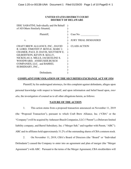 Eric Sabatini, Et Al. V. Craft Brew Alliance, Inc., Et Al. 20-CV-00138