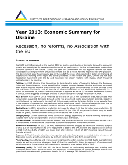 Year 2013: Economic Summary for Ukraine Recession, No Reforms, No Association with the EU
