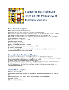 Suggested Classical Music Listening Lists from a Few of Jonathan's