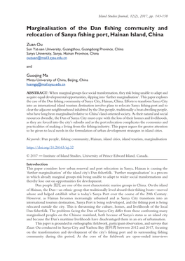 Marginalisation of the Dan Fishing Community and Relocation of Sanya Fishing Port, Hainan Island, China