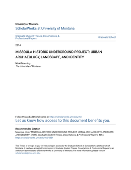 Missoula Historic Underground Project: Urban Archaeology, Landscape, and Identity