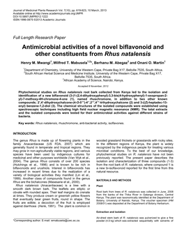 Antimicrobial Activities of a Novel Biflavonoid and Other Constituents from Rhus Natalensis