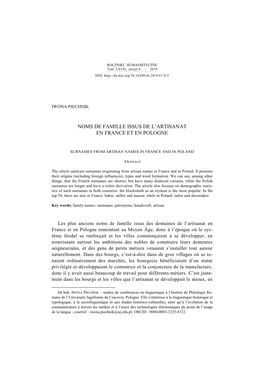 Noms De Famille Issus De L'artisanat En France Et En Pologne