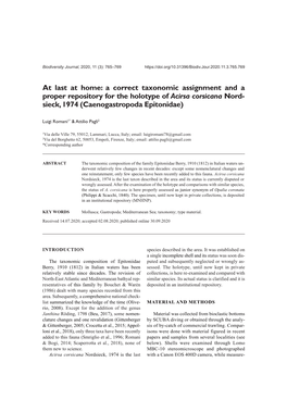 A Correct Taxonomic Assignment and a Proper Repository for the Holotype of Acirsa Corsicana Nord- Sieck, 1974 (Caenogastropoda Epitonidae)