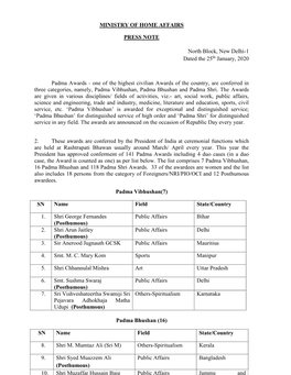 MINISTRY of HOME AFFAIRS PRESS NOTE North Block, New