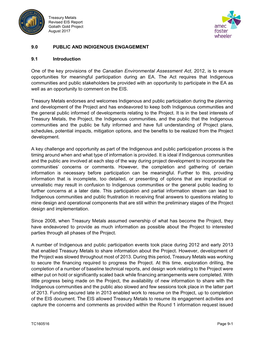 9.0 PUBLIC and INDIGENOUS ENGAGEMENT 9.1 Introduction One of the Key Provisions of the Canadian Environmental Assessment Act, 20