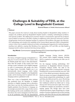 Challenges & Suitability of TESL at the College Level in Bangladeshi