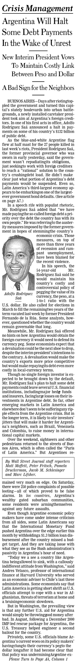 Crisis Management Argentina Will Halt Some Debt Payments in The