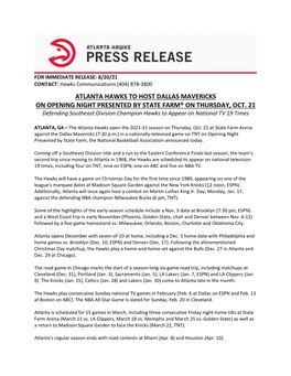 Atlanta Hawks to Host Dallas Mavericks on Opening Night Presented by State Farm® on Thursday, Oct