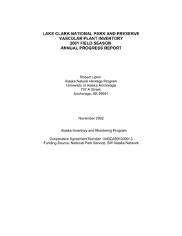 Lake Clark National Park and Preserve Vascular Plant Inventory 2001 Field Season Annual Progress Report