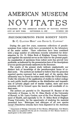 Novistates Published by the American Museum of Natural History City of New York September 10, 1952 Number 1585