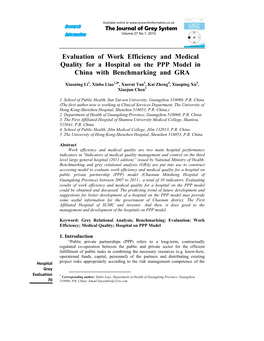 Evaluation of Work Efficiency and Medical Quality for a Hospital on the PPP Model in China with Benchmarking and GRA