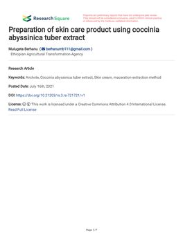 Preparation of Skin Care Product Using Coccinia Abyssinica Tuber Extract