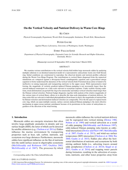 On the Vertical Velocity and Nutrient Delivery in Warm Core Rings