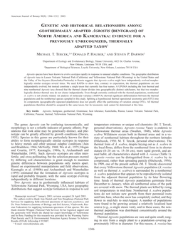 Bentgrass) of North America and Kamchatka: Evidence for a Previously Unrecognized, Thermally Adapted Taxon1