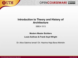 Introduction to Theory and History of Architecture SBEA 1513
