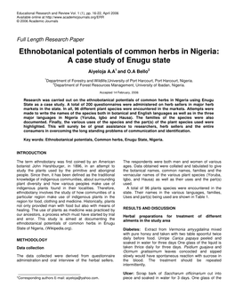 Ethnobotanical Potentials of Common Herbs in Nigeria: a Case Study of Enugu State