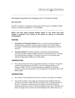 Anticipated Acquisition by Firstgroup Plc of Truronian Limited