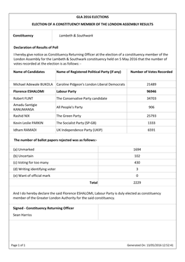Number of Votes Recorded Michael Adewale BUKOLA Caroline Pidgeon
