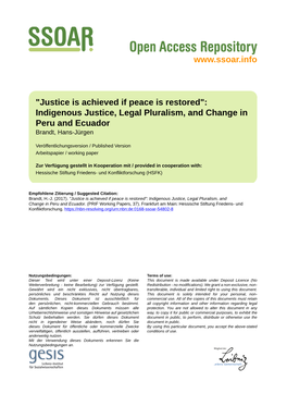 Indigenous Justice, Legal Pluralism, and Change in Peru and Ecuador Brandt, Hans-Jürgen