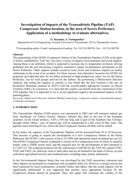 Investigation of Impacts of the Transadriatic Pipeline (TAP) Compressor Station Location, in the Area of Serres Prefecture