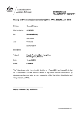 Banerji and Comcare (Compensation) [2018] AATA 892 (16 April 2018)