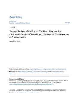 Why Henry Clay Lost the Presidential Election of 1844 Through the Lens of the Daily Argus of Portland, Maine