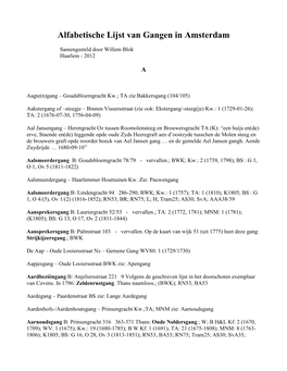 Alfabetische Lijst Van Gangen in Amsterdam (Willem Blok)