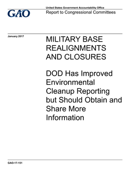 MILITARY BASE REALIGNMENTS and CLOSURES DOD Has