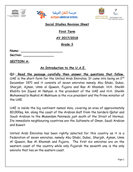 Social Studies Revision Sheet First Term AY 2017/2018 Grade 3 Name