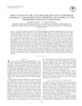 Insect Fauna of the Late Miocene Locality of ¨Ohningen (Germany) Less Diverse Than Reported: an Example of the Hydrophilid Beet