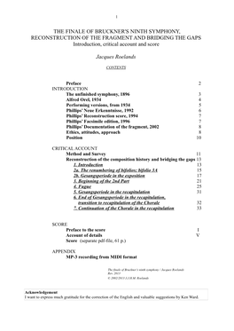 THE FINALE of BRUCKNER's NINTH SYMPHONY, RECONSTRUCTION of the FRAGMENT and BRIDGING the GAPS Introduction, Critical Account and Score