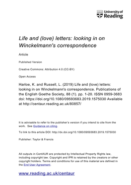 Life and (Love) Letters: Looking in on Winckelmann's Correspondence